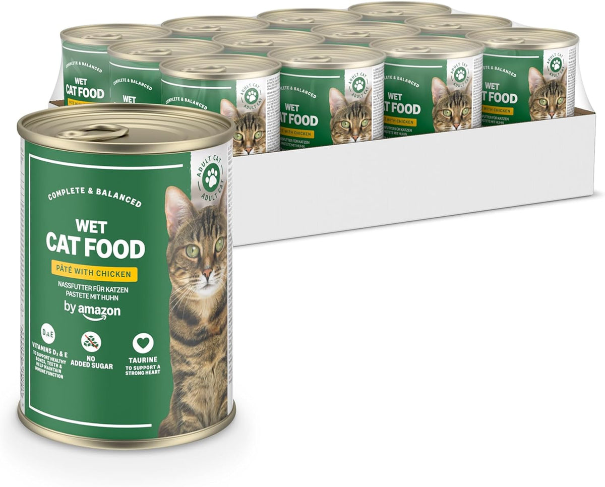 Hrană umedă pentru pisici fără cereale de la Amazon, conservă, pate de pui, 12 x 400 g