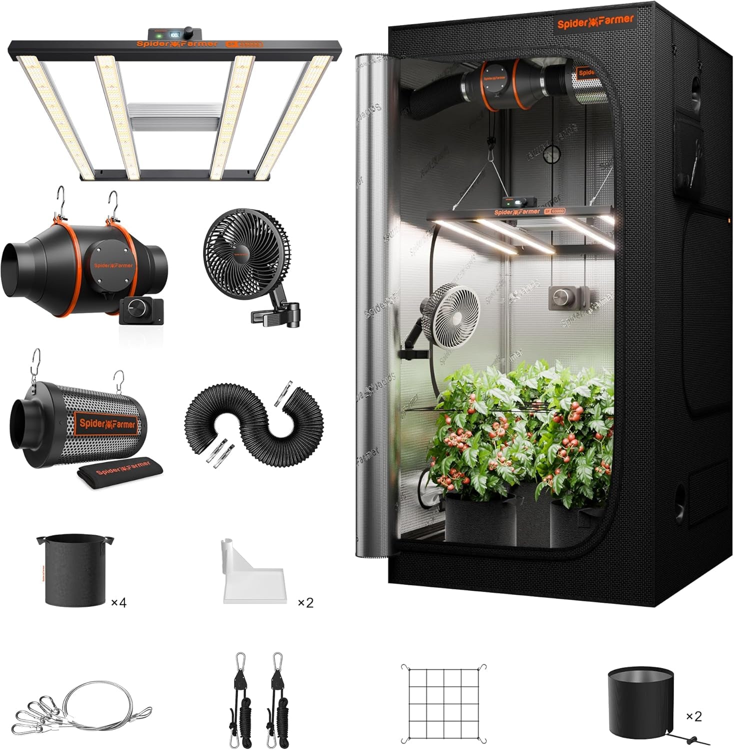 Spider Farmer SF1000 Full Spectrum Stmívatelné LED růstové světlo, Dioda Samsung LM301H EVO, 70x70x160cm sada Full Grow stanu, sada hydroponického pěstebního stanu, ventilační systém
