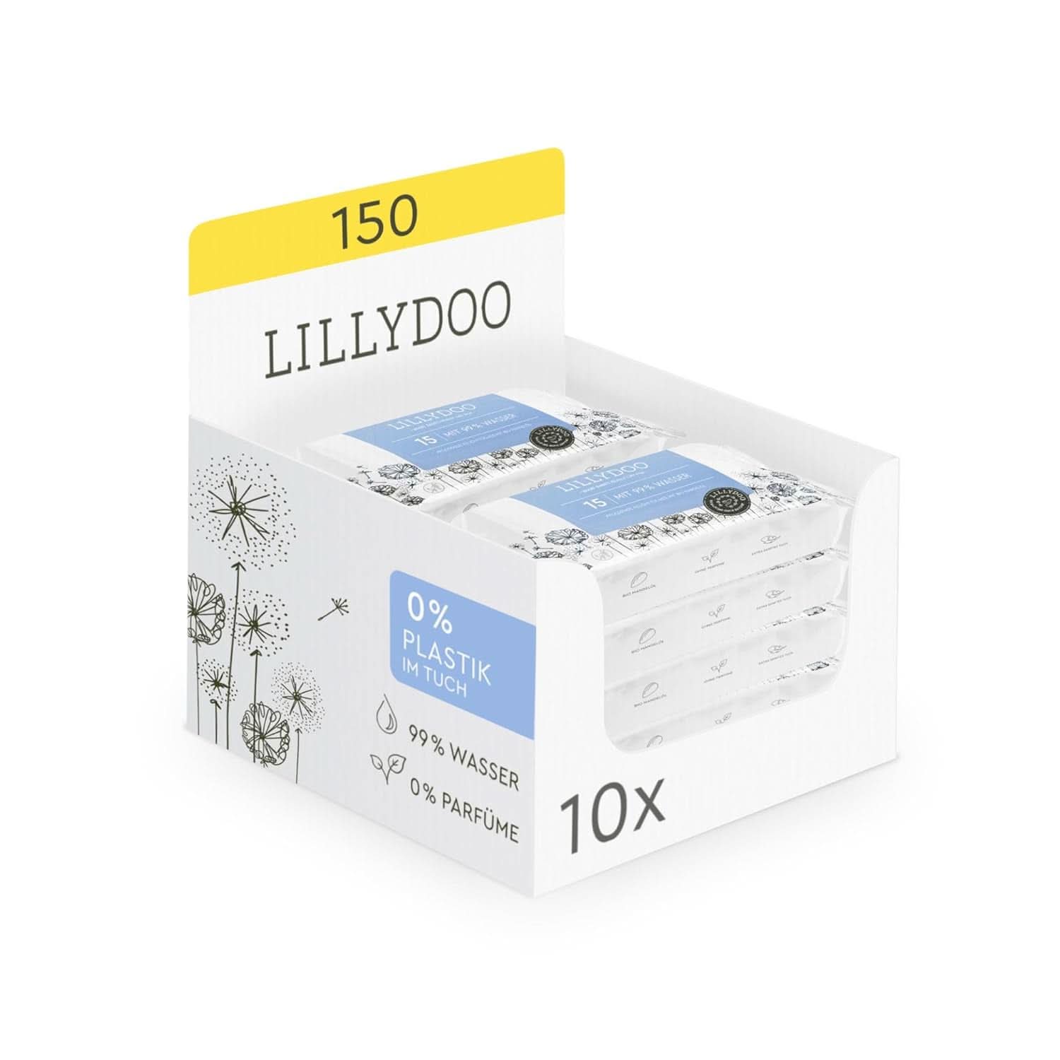 LILLYDOO Baby Feuchttücher Mit 99% Wasser, 10 X 15 Stück (150 Feuchttücher), 100% Plastikfreies Tuch, Ohne Parfüme & Mild Wie Watte Und Wasser (FSC Mix) Servetele Umede Bebelusi Naty Shop 15 Stück (10Er Pack)