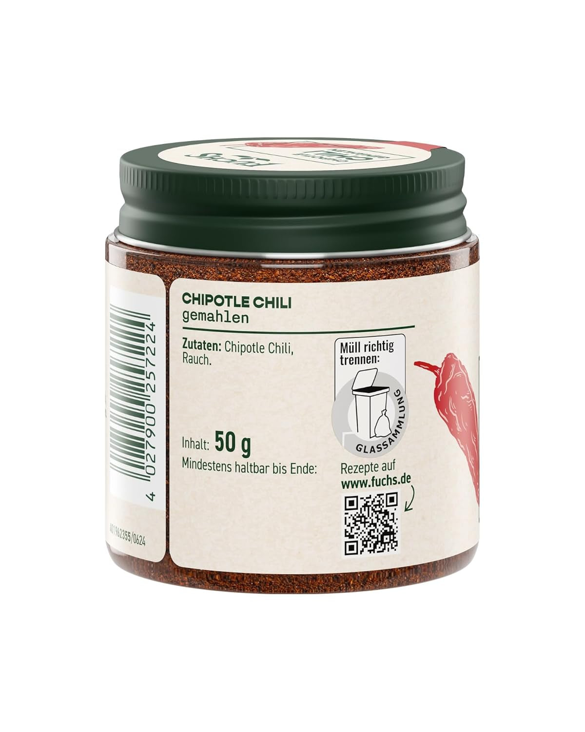 Fuchs Gewürze - Chipotle Chili gemahlen | Rauchiges Chilipulver | Chilli prášek v prémiové kvalitě 50 g im wiederverschließbaren Gewürzglas