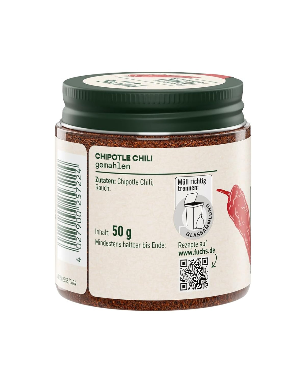 Fuchs Gewürze - Chipotle Chili gemahlen | Rauchiges Chilipulver | Chilli prášek v prémiové kvalitě 50 g im wiederverschließbaren Gewürzglas