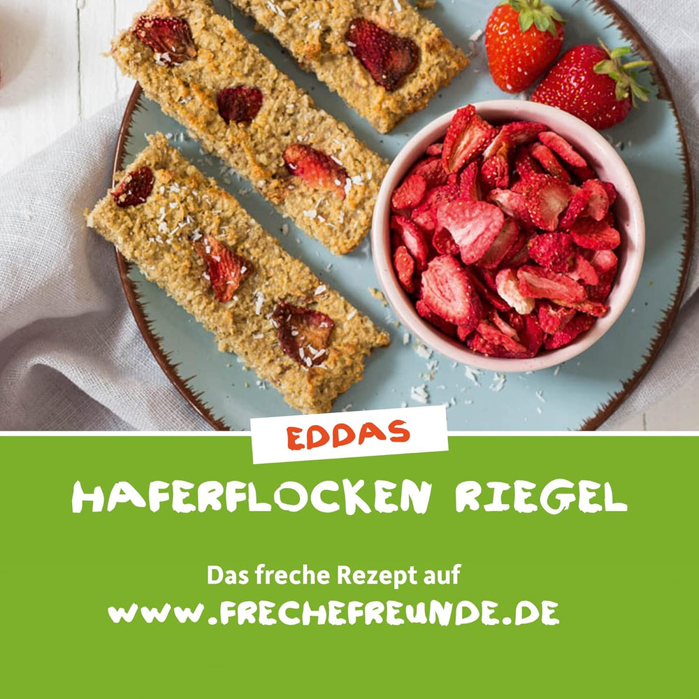 FRECHE FREUNDE Bio jahodové chipsy, mrazem sušené ovocné chipsy, přírodní sušené ovoce nakrájené bez přidaného cukru, veganské, bez laktózy, bez lepku, balení 12 ks (12 x 12 g)