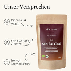 Ceai cu condimente BIO Schoko-Chai fără zahăr, cu coji de cacao, scorțișoară, lemn dulce și alte condimente aromatice Chai, 100 g