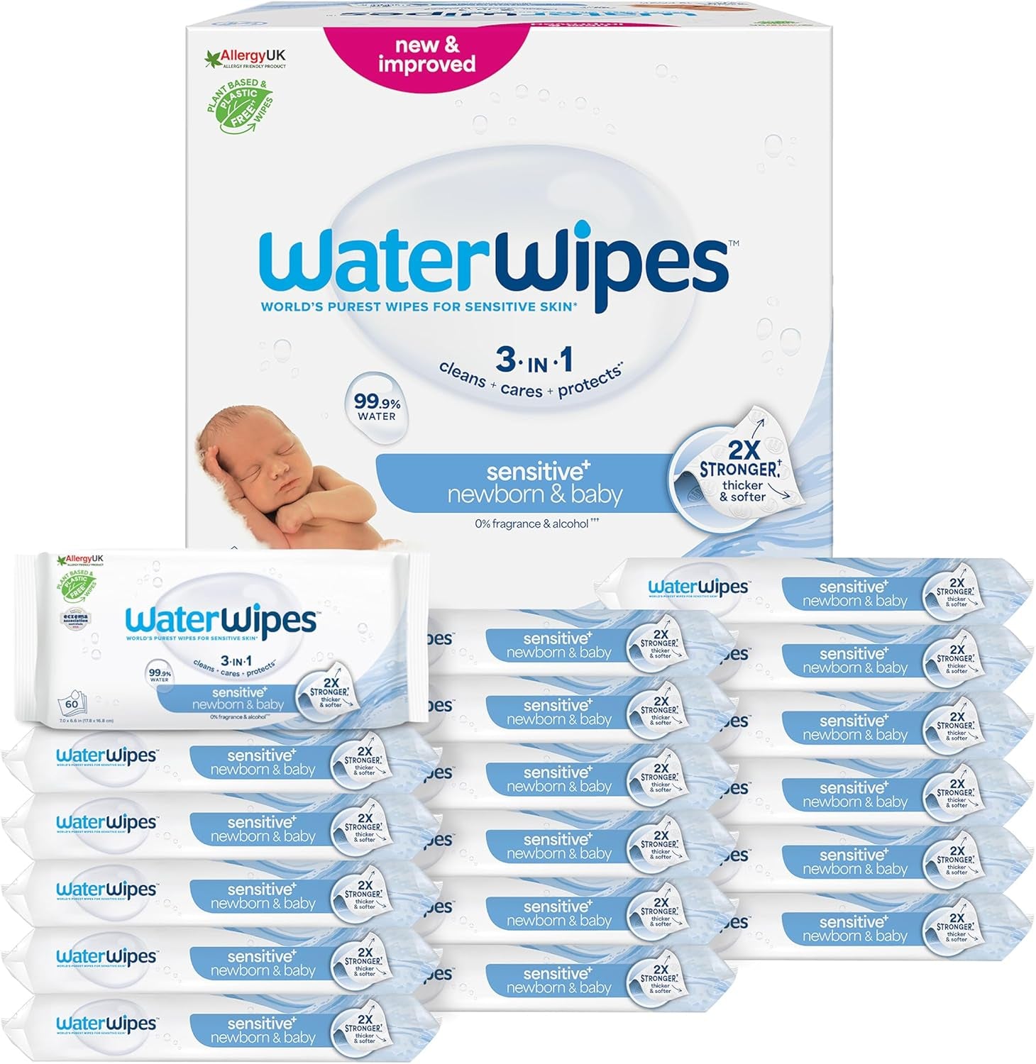 WaterWipes Sensitive+ vlhčené ubrousky pro novorozence a kojence, 540 kusů (9 balení), 3 v 1 čištění, péče, ochrana, 99,9 % vody, bez parfemace