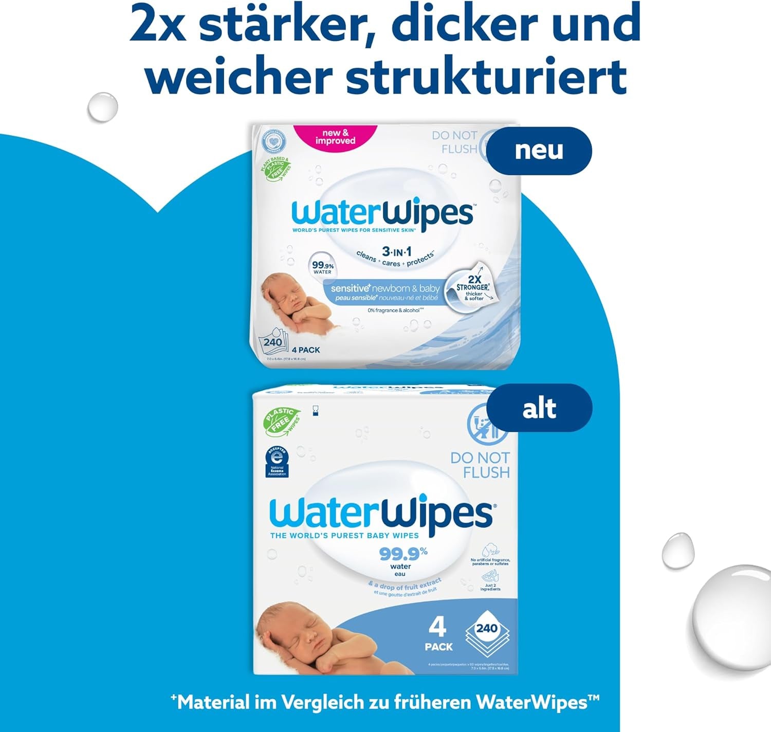 WaterWipes Sensitive+ vlhčené ubrousky pro novorozence a děti v počtu 240 (4 balení) 3 v 1 čištění, péče, ochrana, 99,9 % vody, bez parfemace