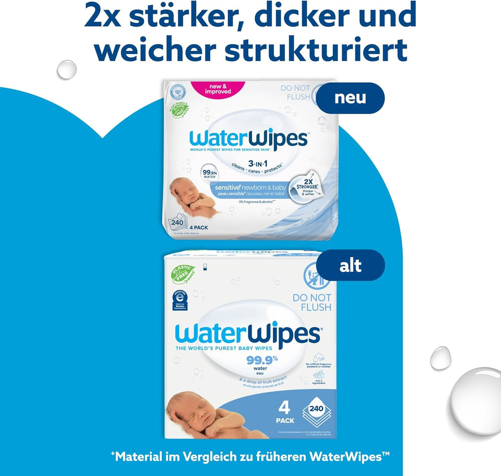 WaterWipes Sensitive+ vlhčené ubrousky pro novorozence a děti v počtu 240 (4 balení) 3 v 1 čištění, péče, ochrana, 99,9 % vody, bez parfemace