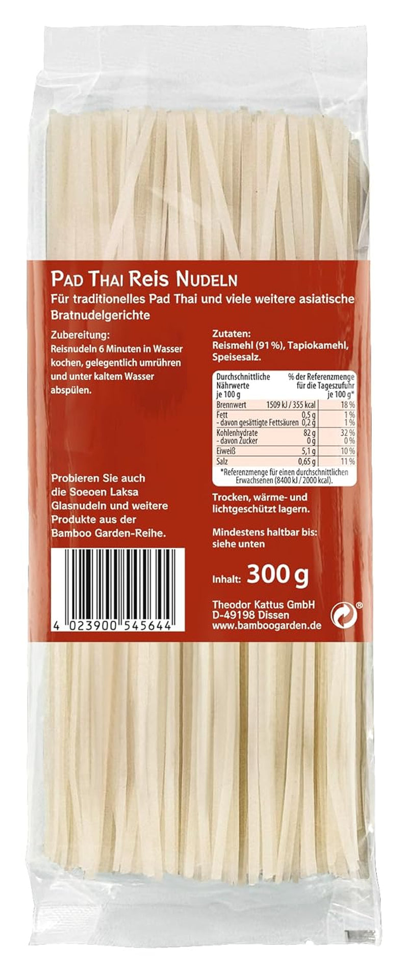 Bamboo Garden - Pad Thai Rice Nudle Sticks, Pro tradiční nudlová jídla jako Pad-Thai, Vegan, 1 x 300 g (Design balení se může lišit)