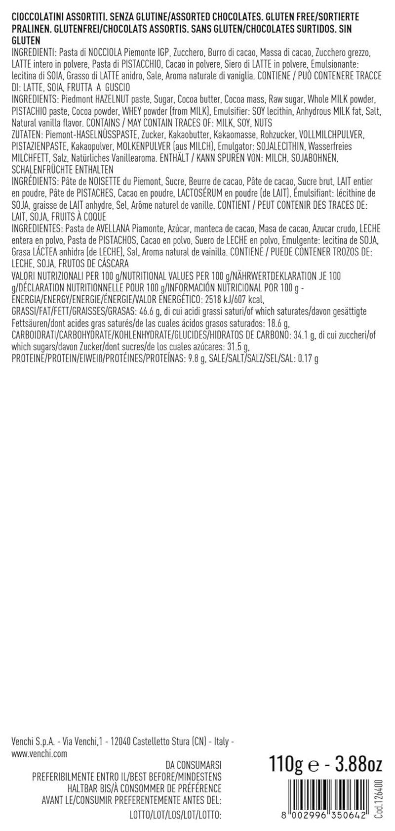 Venchi, Zlatá dárková krabička s různými čokoládami Gianduiotti, 110 gramů Naty Shop Chocolates