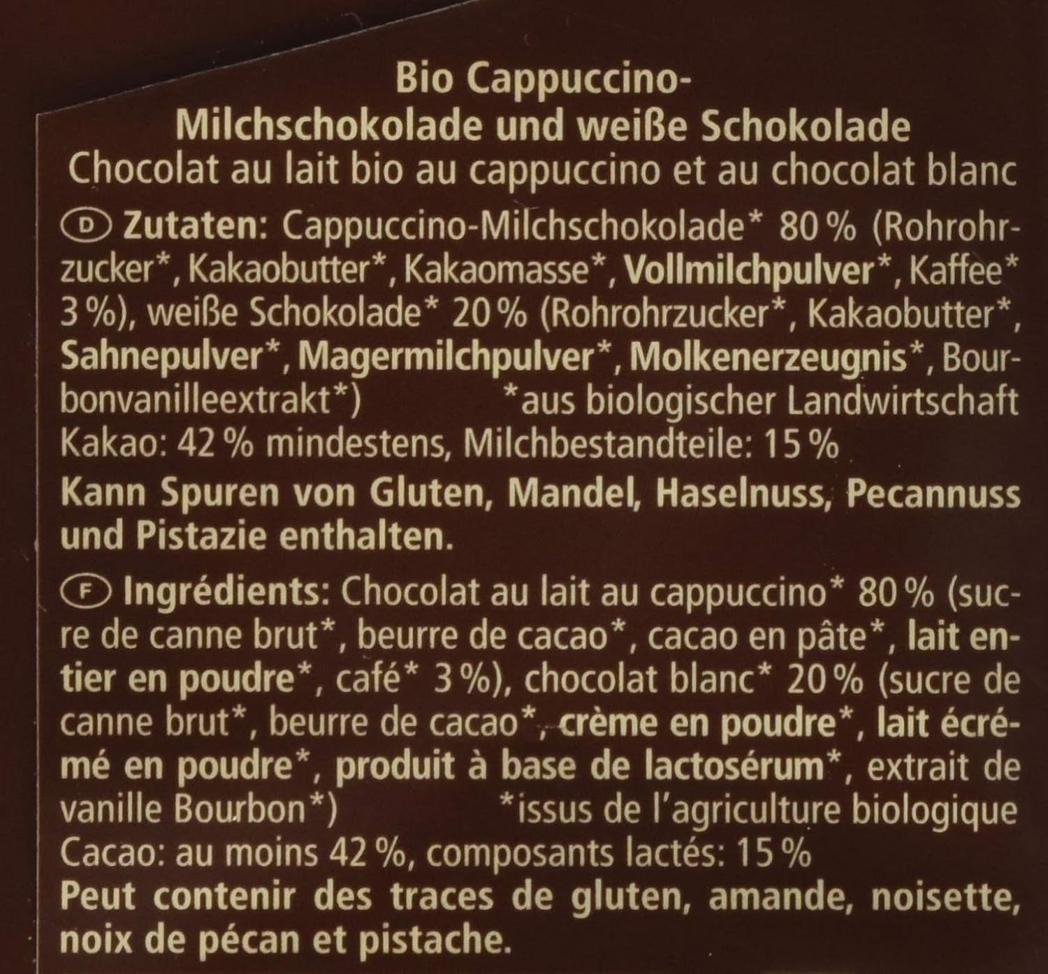 Bio čokoláda plněná cappuccinem, 100g