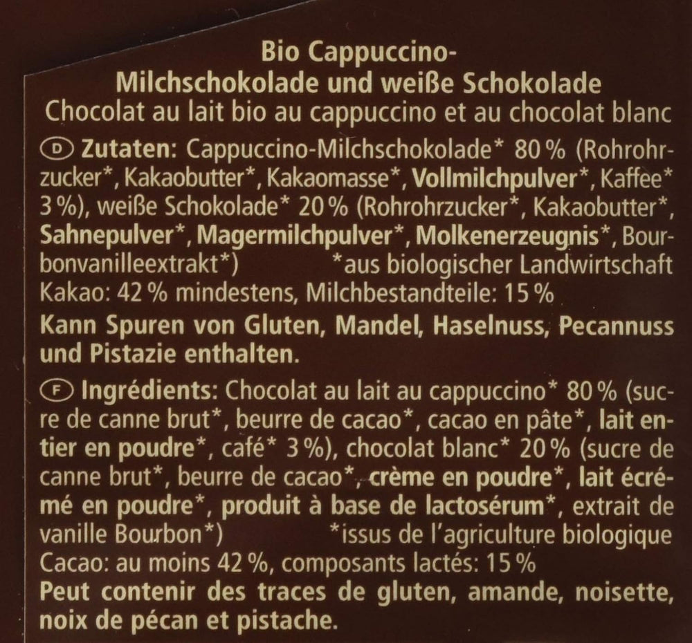 Bio čokoláda plněná cappuccinem, 100g