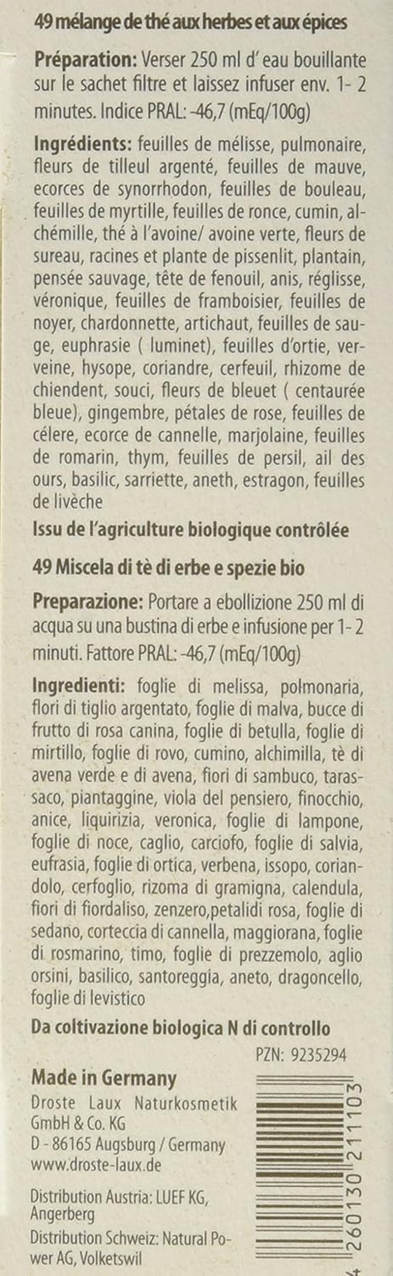 Ceai de bază Droste-Laux cu 49 de plante, 25 bucăți (ceai din plante, pliculețe filtru, ceai pentru post sau dietă) 120501