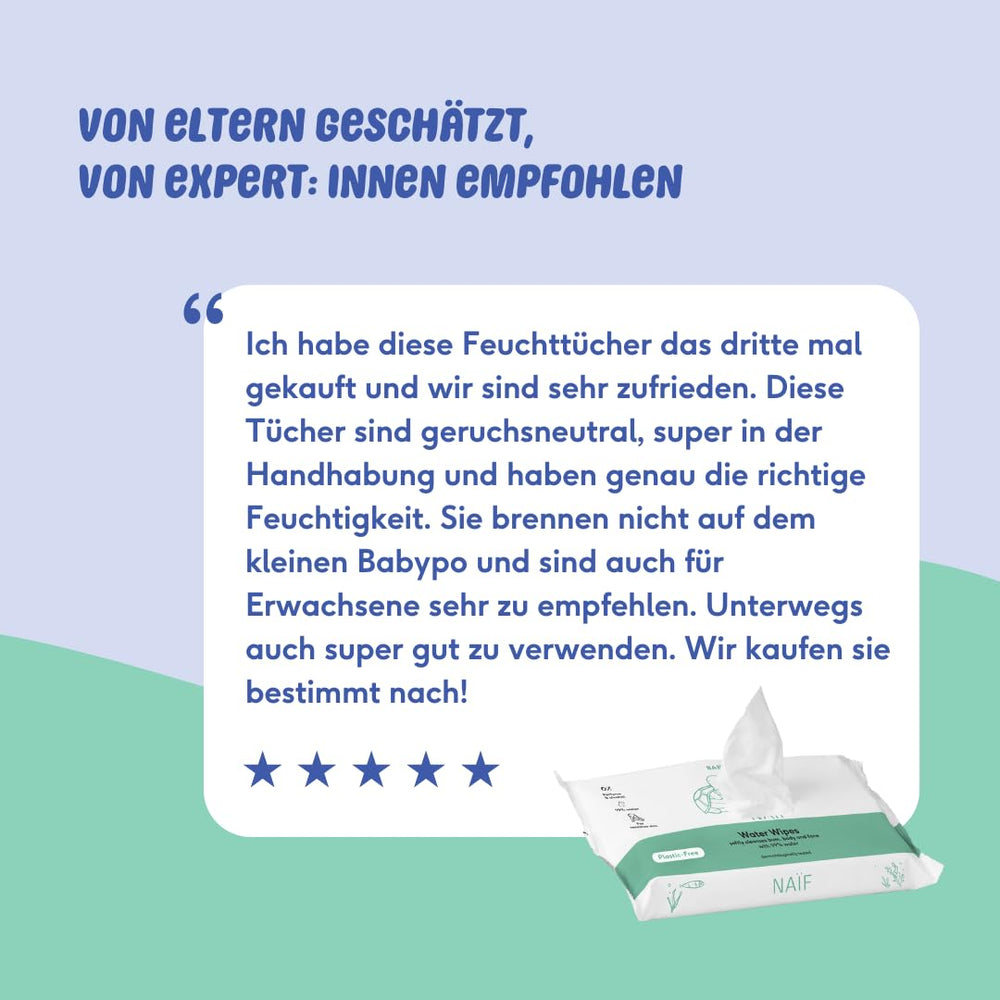 Naïf - Vlhčené ubrousky bez plastů - 162 kusů (3 balení po 54 ubrouscích) - Péče o dětský zadeček, tělo a obličej - 99% voda - 0% vůně a alkohol