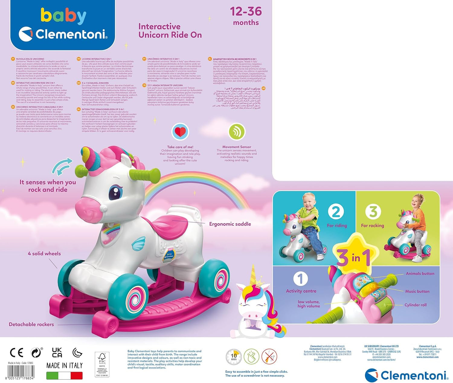 Baby Clementoni swing unicorn - 3in1 animal balansoar cu centru de activitate interactiv pentru copii cu vârsta de 12 luni și peste - Jucărie senzorială și de abilități motorii 17883 Jucarii Bebe Naty Shop
