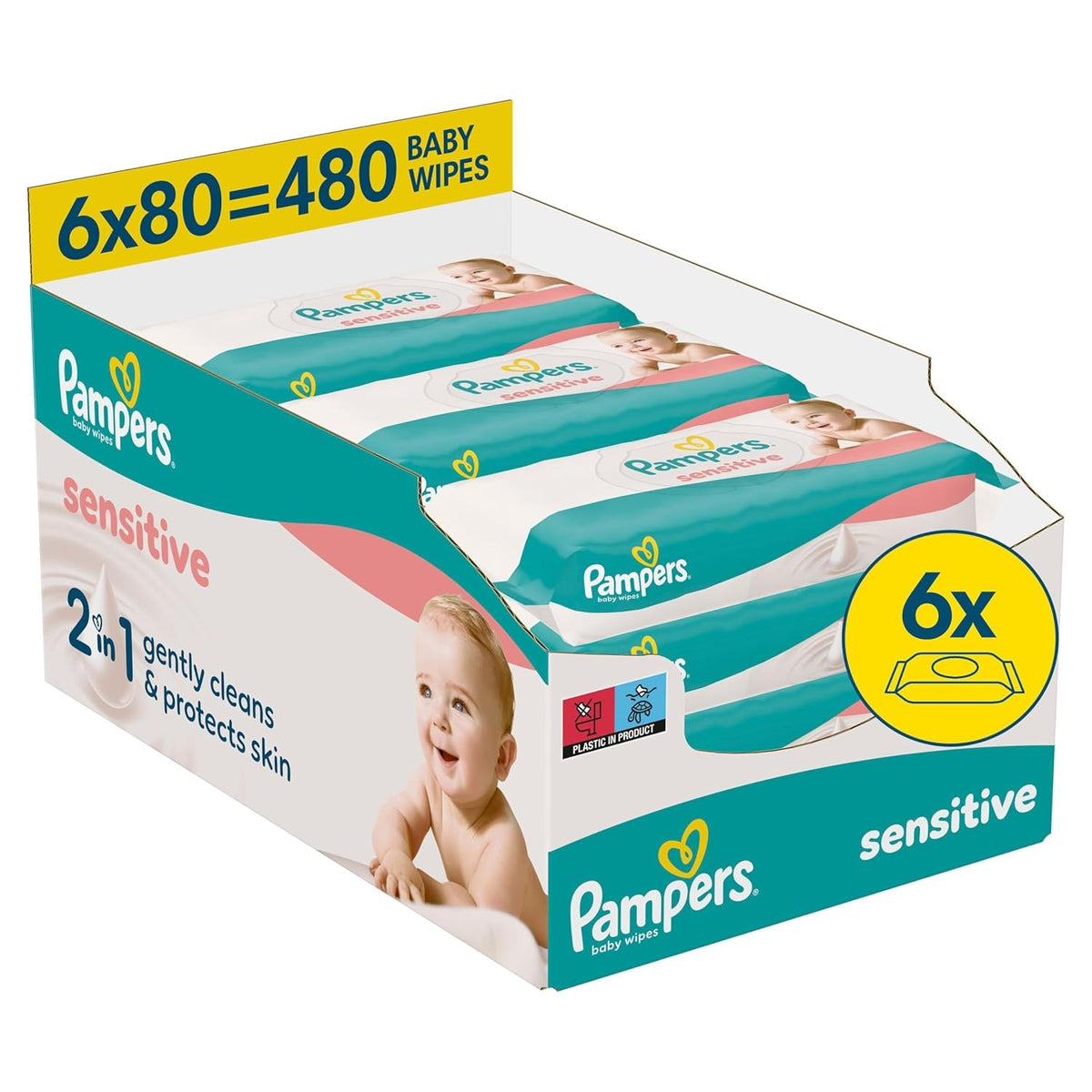Vlhčené ubrousky Pampers Sensitive, 6 balení po 80 ubrouscích = 480 ubrousků, neparfemované, pro jemné a šetrné čištění