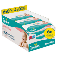 Vlhčené ubrousky Pampers Sensitive, 6 balení po 80 ubrouscích = 480 ubrousků, neparfemované, pro jemné a šetrné čištění