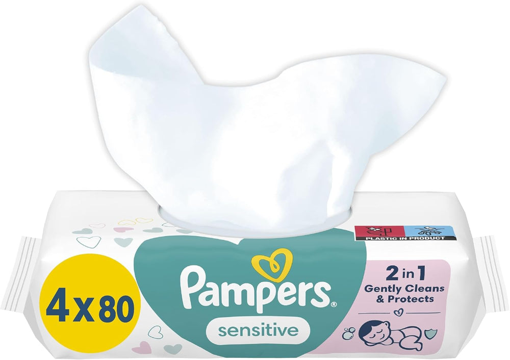 Pampers Sensitive dětské ubrousky, 15 balení 80 ubrousků, 1200 dětských ubrousků, jemné čištění a ochrana pokožky 2 v 1