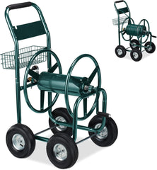 Cărucior furtun Relaxdays, până la 90 m, 4 anvelope pneumatice, cuplaj clic, rolă metalică pentru furtun, distribuitor furtun cu coș, verde