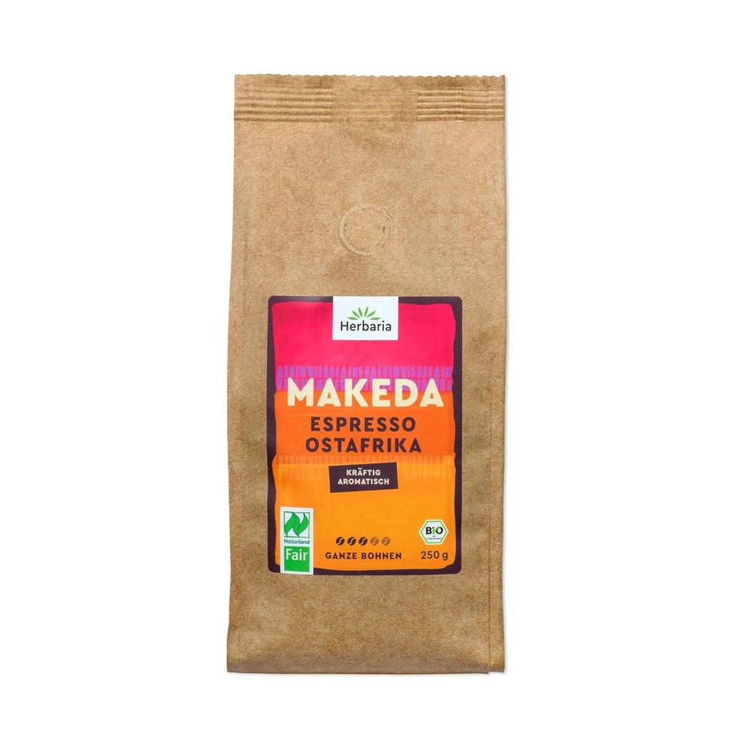 Herbaria MAKEDA Organic Espresso Whole Beans 1Kg - Naturland Fair Certified din Africa de Est - Arome prăjite cu cacao și note de lemn de stejar - boabe de cafea organice perfecte pentru filtre portabile și mașini automate de cafea Cafea Naty Shop Boabe întregi Makeda 250 grame Espresso