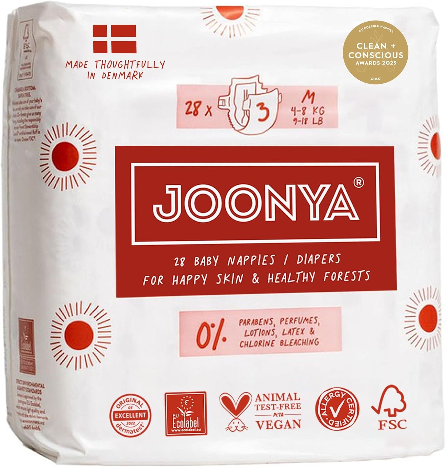 Dětské plenky, velikost 3M (4-8 kg) - 1 pytel po 28 - Bez škodlivých látek, ekologické, vysoce savé, vhodné pro noční použití, ultratenké a měkké - Vyrobeno v Dánsku