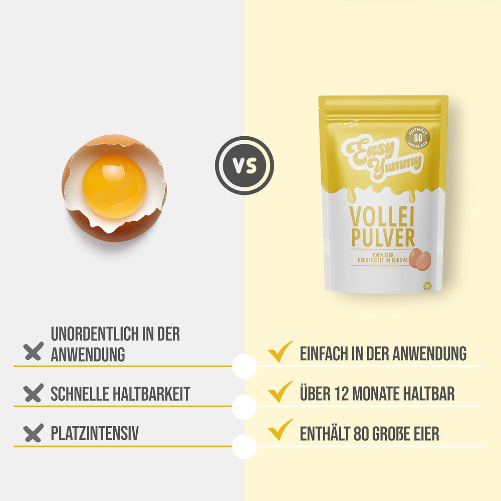 EASY YUMMY - Vollei-Eipulver (1000g = 80 Eier) z Regionalen Niederländischen Freiland-Eiern | mýtus 1-Ei-Messlöffel | Wiederverschließbarer Beutel, lange Haltbarkeit | Rührei, Kochen, Backen | 100% jich