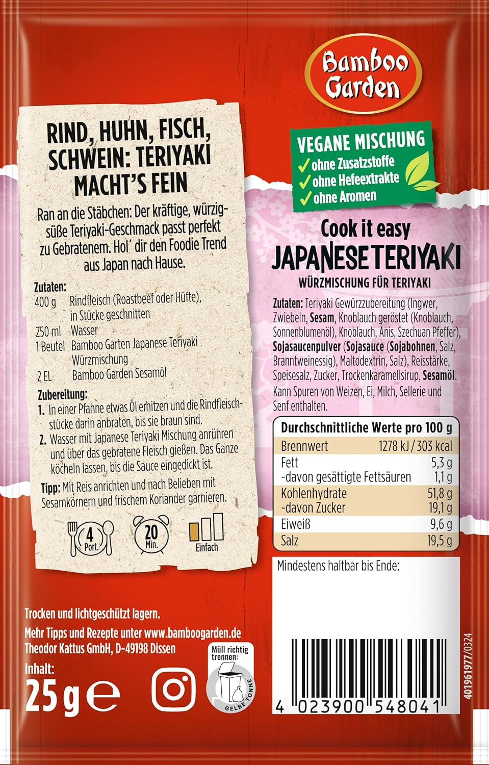 Bambusová zahrada - Teriyaki kořenící směs , Gewürzmischung für Teriyaki , Für 4 Porionen , Ohne Geschmackverstärker und Konservierungsstoffe , 1 x 25 g (Verpackungsdesign kann abweichen)