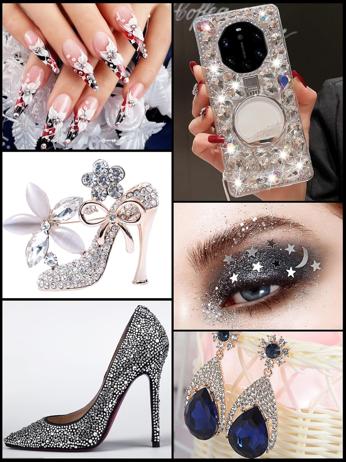 EBANKU Nail Art Strass Kit Multi Design Zubehör Mit 1 Pinzetten 1 Stück Wachsstifte Deko Diamanten Kristalle Perlen Edelsteine Bunt Pferdeaugen Strass Metall Nieten Für Nagel DIY (1 Stück (10Er Pack))