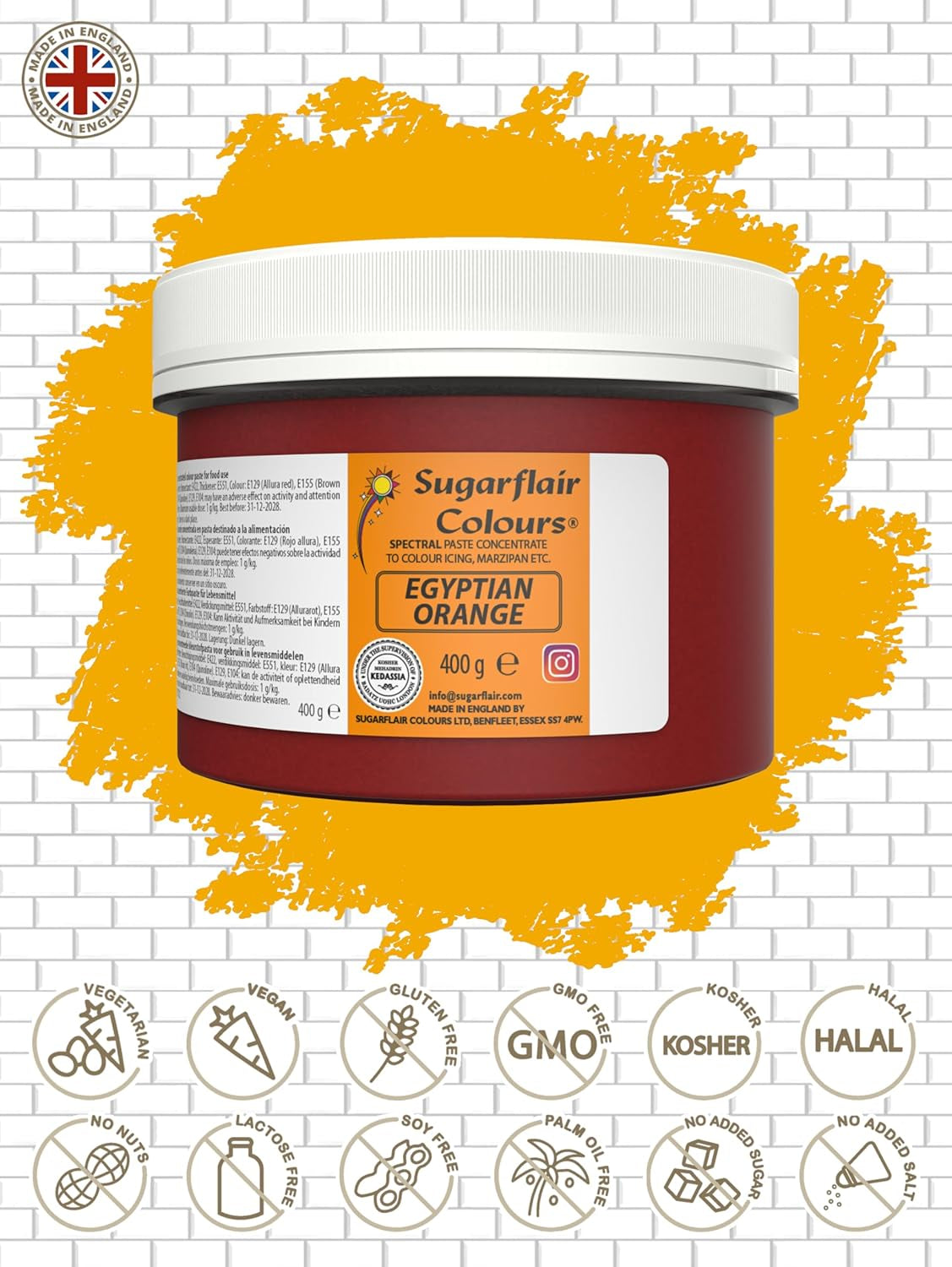 Colorant alimentar Sugarflair pentru paste, portocaliu egiptean, colorant alimentar pentru paste, fondant și marțipan, coloranți concentrați Spectral - 400 g