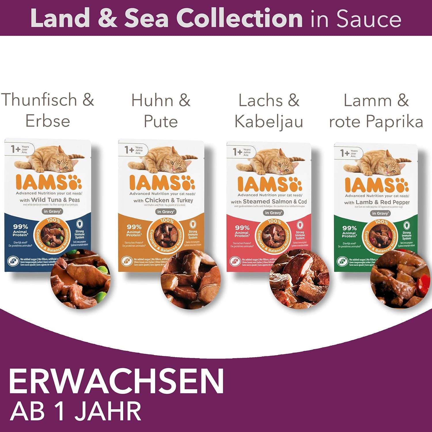 IAMS Delights Land & Sea Collection Hrană umedă pentru pisici - Pachet multiplu cu sortimente de carne și pește în sos, hrană umedă pentru pisici de la 1 an, 12 x 85 g