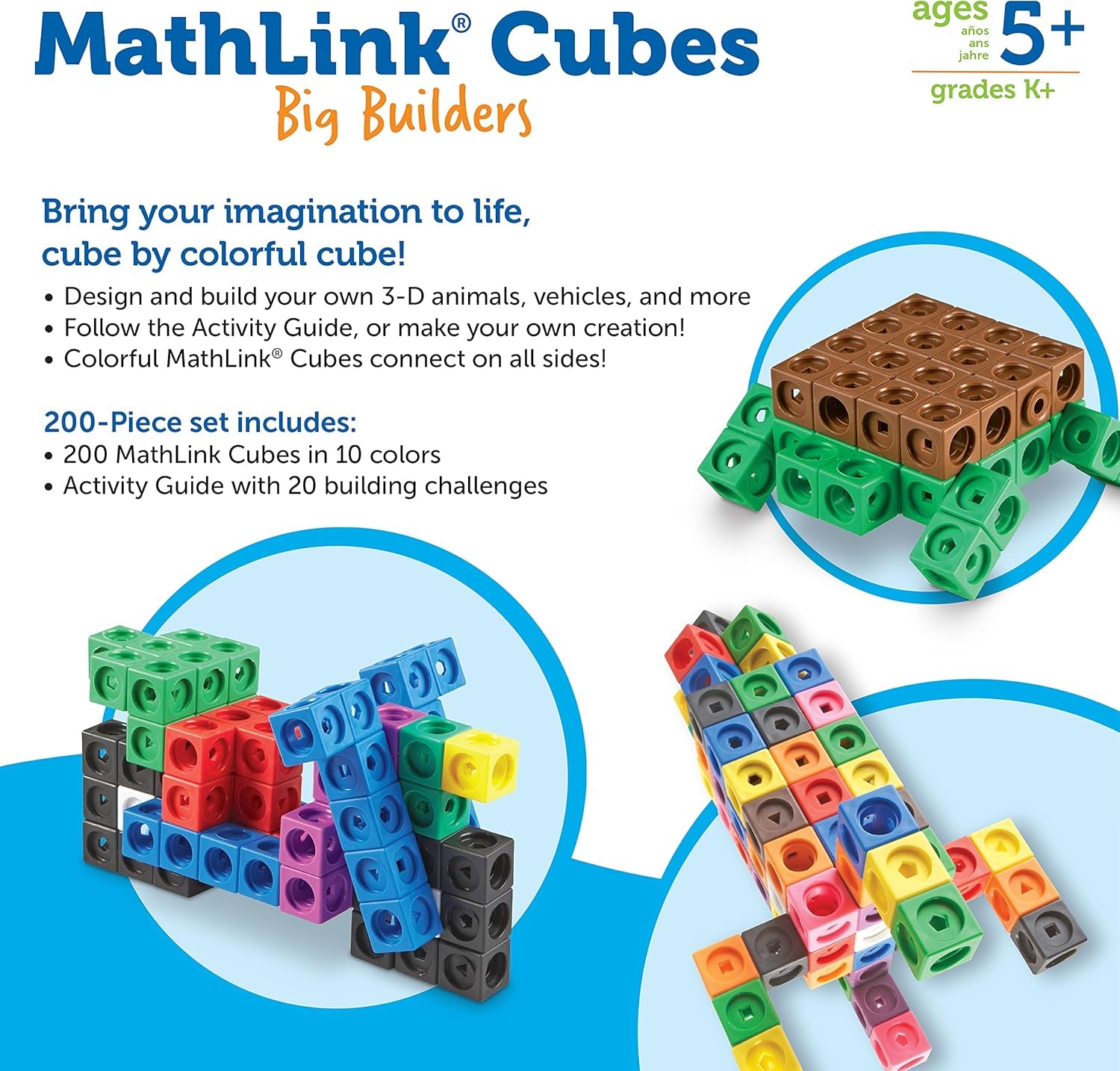 Výukové zdroje MathLink Steckwürfel Big Builders pro Baumeister, ab 5 Jahren, Konstruktionsspielzeug für frühes Mint-Lernen, 200 Teile