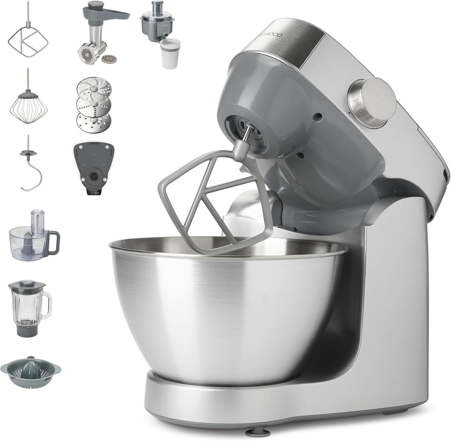 Kenwood Prospero+ KHC29A.R0SI Küchenmaschine, 4,3 L Edelstahlschüssel, Inkl. 10-Teiligem Zubehör-Set Mit Fleischwolf, Glas-Mixer, Zitruspresse, Entsafter Und Mehr, Inkl. Easyweigh Waage, 1000W, Silber Matka a dítě Naty Shop Silber Inkl. 9 Zubehörteile Waage