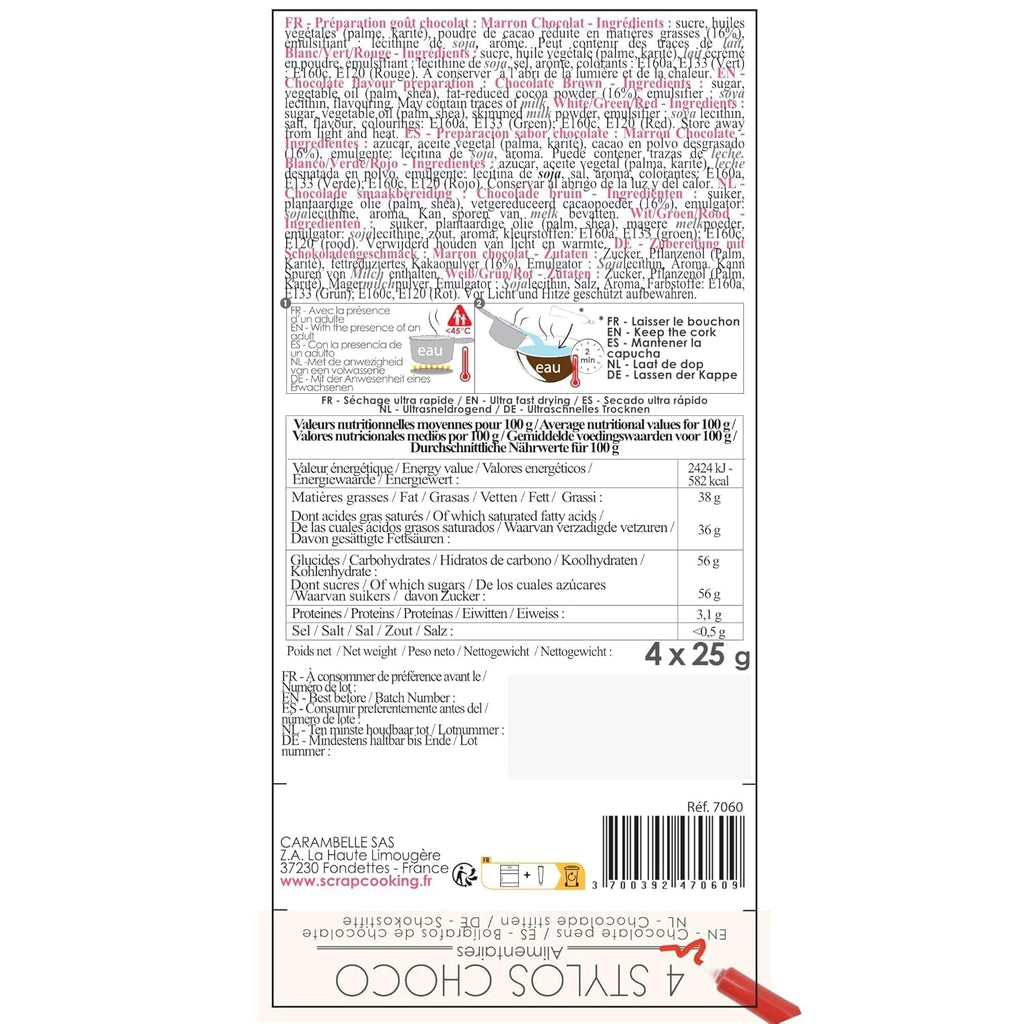 Scrapcooking - Set de 4 creioane colorate de ciocolată de Crăciun - Maro, Alb, Verde și Roșu - Colorant comestibil - Colorant alimentar pentru scris - Scrie și desenează pe deserturi, prăjituri și fursecuri - 7060