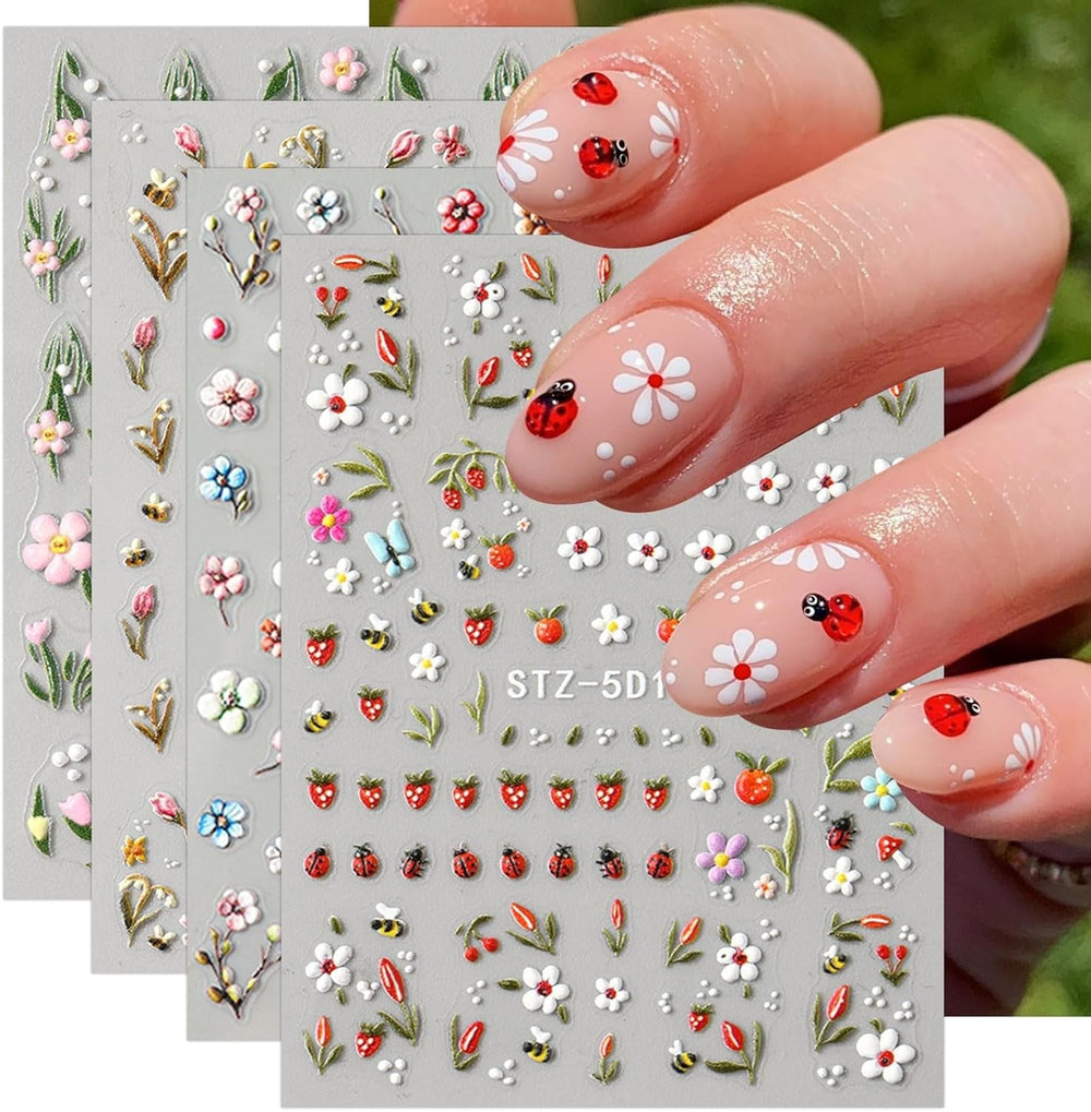 JMEOWIO 3D Nagelsticker Blumen Frucht Nail Art Sticker Selbstklebend Nagelaufkleber 5D Stereoskopisch Dekoration Nageldesign Zubehör 4 Blatt