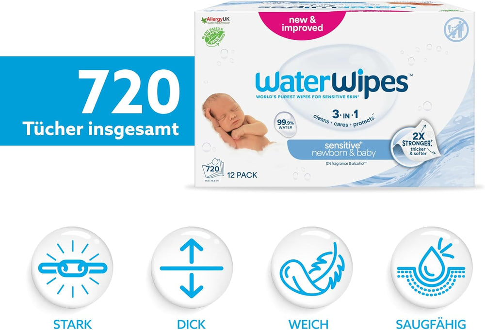WaterWipes Sensitive+ vlhčené ubrousky pro novorozence a kojence, počet 720 (12 balení), 3 v 1 čištění, péče, ochrana, 99,9 % vody, bez parfemace