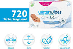 WaterWipes Sensitive+ vlhčené ubrousky pro novorozence a kojence, počet 720 (12 balení), 3 v 1 čištění, péče, ochrana, 99,9 % vody, bez parfemace