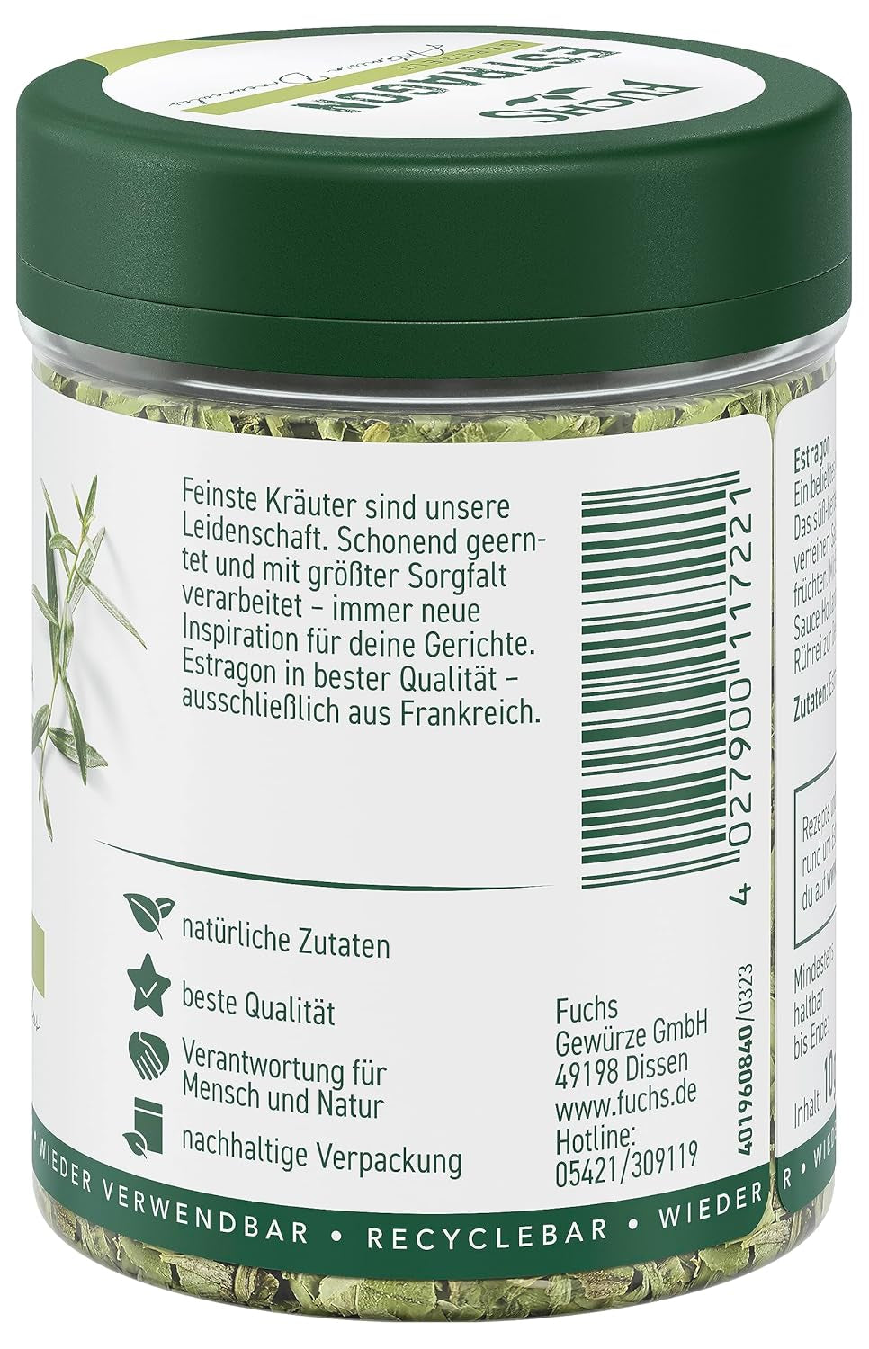 Fuchs Gewürze - Estragon gerebelt - französisches Kraut zur Verfeinerung von Saladen, omáčka Hollandaise oder Rührei - přírodní ingredience - 10 g v wiederverwendbarer, recyclebarer Dávka