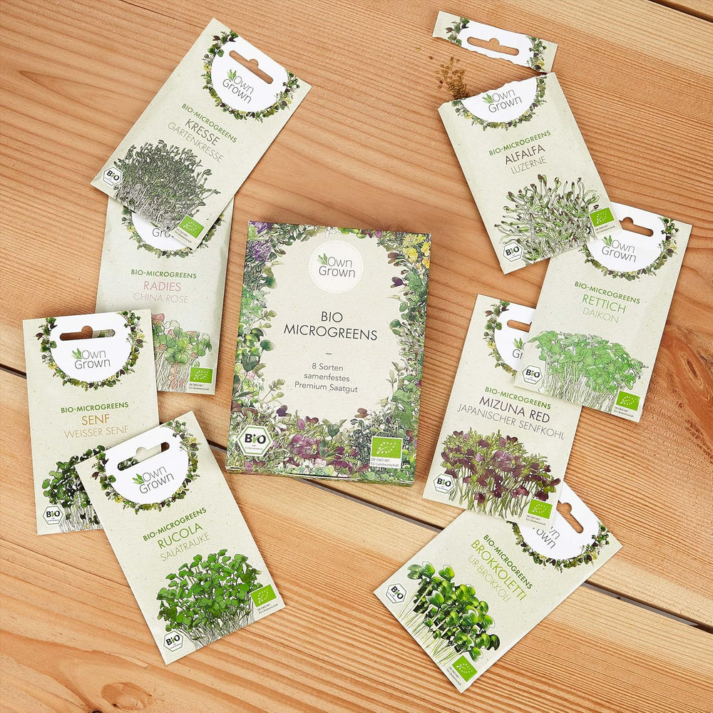 Microgreens Samen Set Von Owngrown - 8 Sorten BIO Sprossen Und Mikrogrün Saatgut Im Microgreens Starter Set - Alfalfa, Rucola, Kresse Für Kresse Anzuchtschalen Uvm - Sprossen Samen