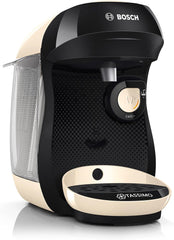 Espressor cu capsule Bosch Tassimo Happy Friendly TAS107E, peste 70 de băuturi, potrivit pentru toate tipurile de cești, oprire automată, sustenabil, dozare perfectă, economie de spațiu, 1400 W, crem/negru