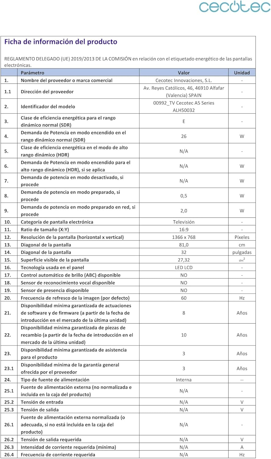 Televizor inteligent Cecotec - televizor LED de 32 de inci, rezoluție HD - Seria A5 ALH50032. Televizor inteligent VIDAA, sistem audio Dolby, Wi-Fi integrat, mufă pentru căști, 3 porturi HDMI și 2 porturi USB.