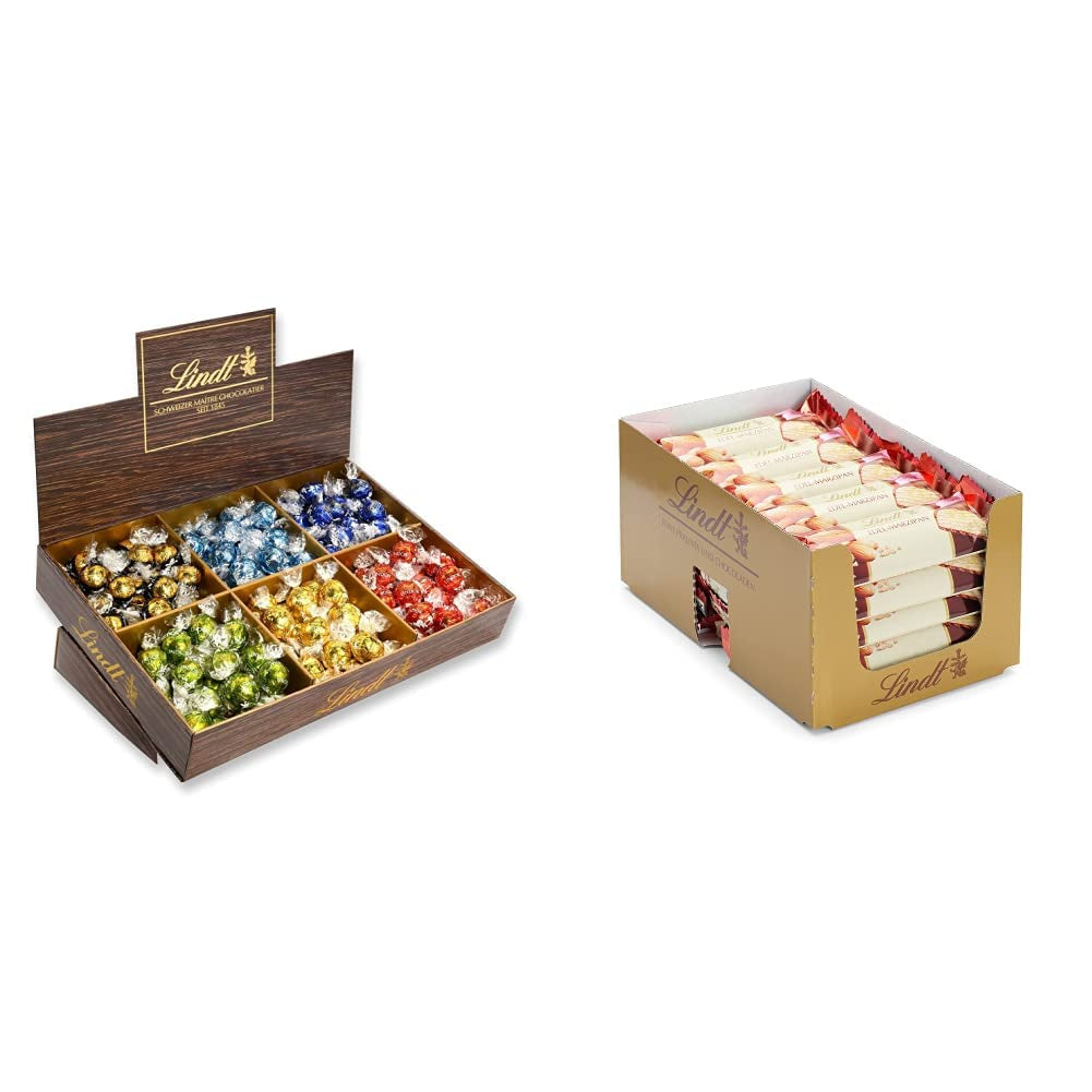 Lindor Čokoláda Top Prezentace | 1718 g a čokoládové tyčinky s marcipánem | 25 barů x 50 g v počítadle | 1250 g | Čistý marcipán potažený hořkou čokoládou | Čokoládové tyčinky