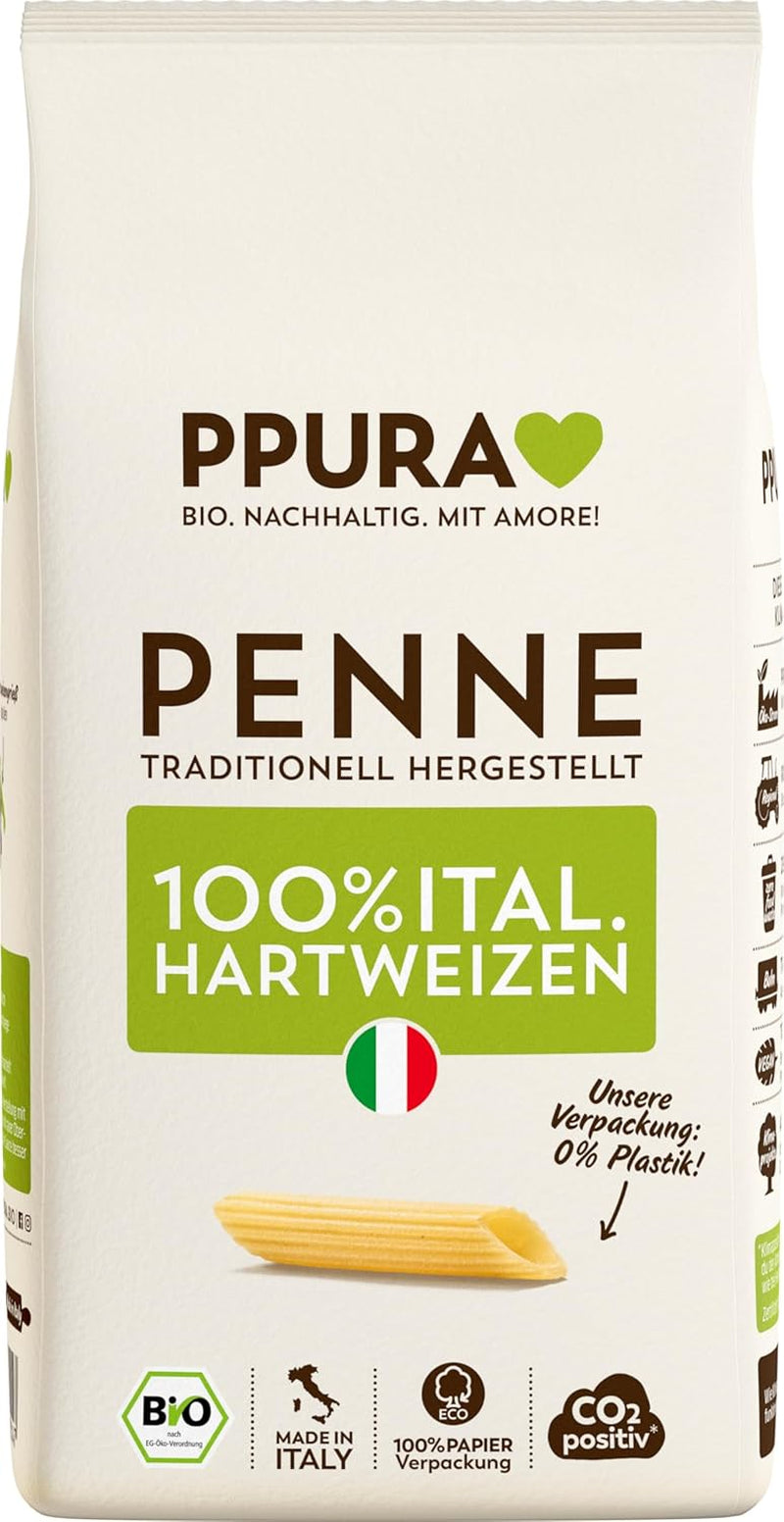 PPURA Organic Durum Wheat Penne Pasta 500g, 100% přírodní tubulární těstoviny, Made in Italy - italské těstoviny bez přísad, barviv a konzervantů