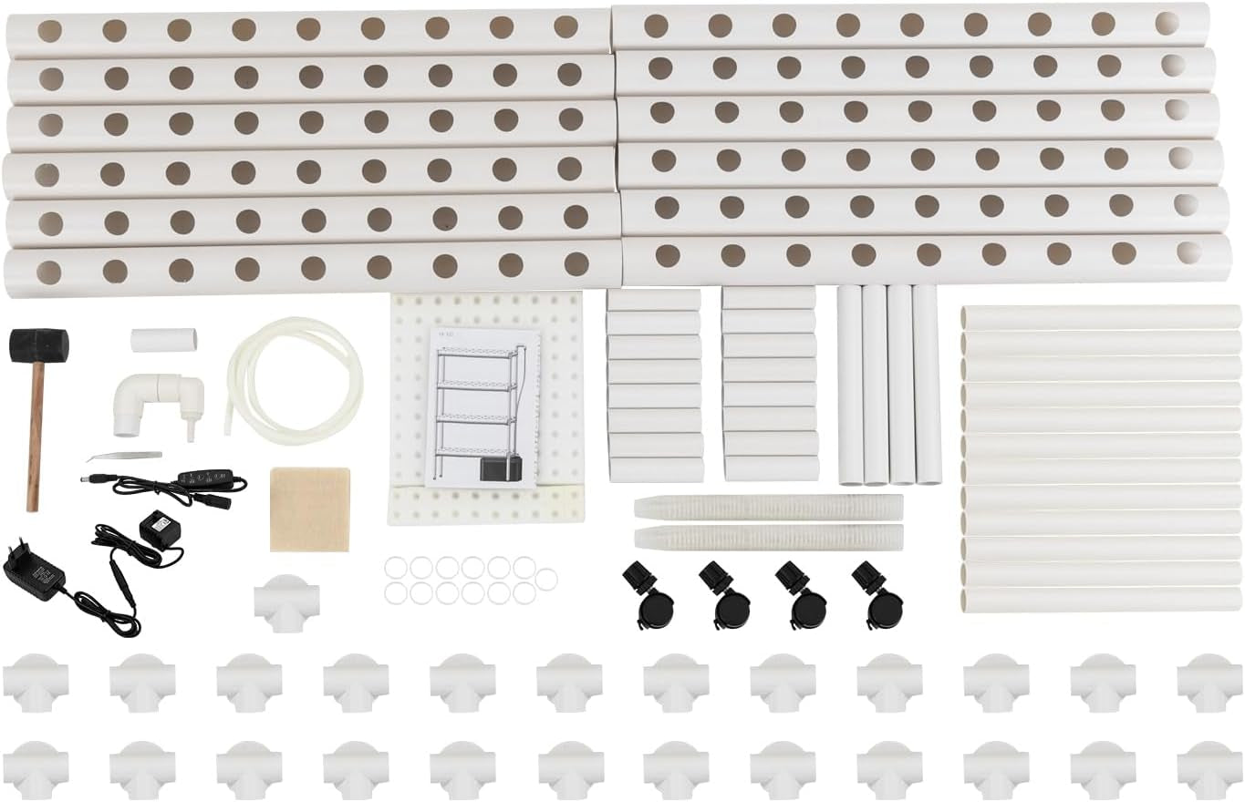Sada pro hydroponické pěstování se 108 místy pro výsadbu, 4 úrovněmi s vodní pumpou. Hydroponický systém vyrobený z potravinářských PVC-U trubek pro domácí, balkónovou, zahradní a balkónovou zeleninu.