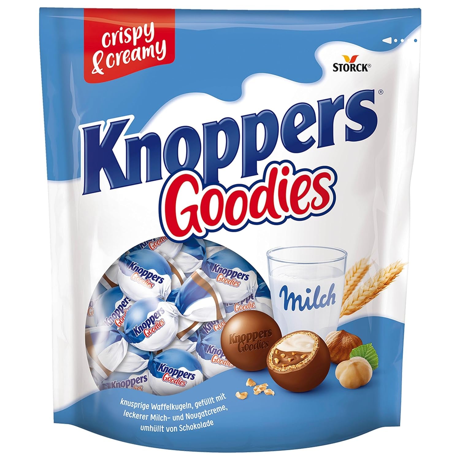 Knoppers Goodies Crunchy Minis – 1 x 180g – křupavé oplatkové kuličky plněné kousky lískových oříšků, mlékem a nugátovým krémem, zalité čokoládou