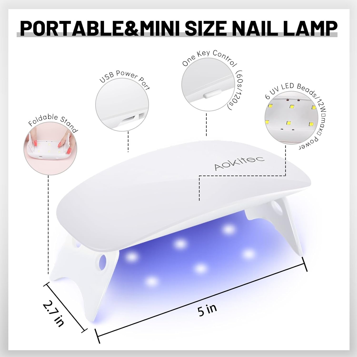 Lampă UV LED mini Aokitec, lampă UV pentru unghii cu gel, uscător de unghii portabil pentru toate tipurile de ojă cu gel, instrument de întărire în formă de șoarece, compactă, ușoară cu cablu USB (alb)