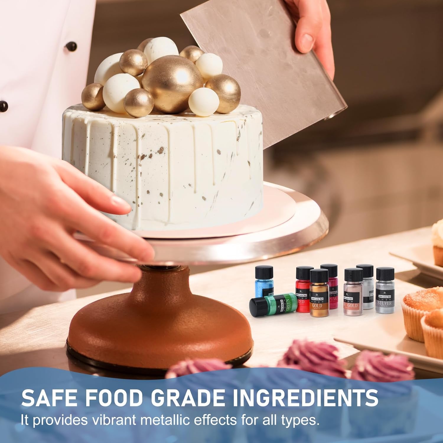 Set de sclipici comestibil - 4 culori metalice, pudră sclipici comestibilă - pudră fără gust pentru băuturi și prăjituri, pudră colorant alimentar pentru decorarea cocktailurilor, sclipici comestibil (5 g/sticlă)