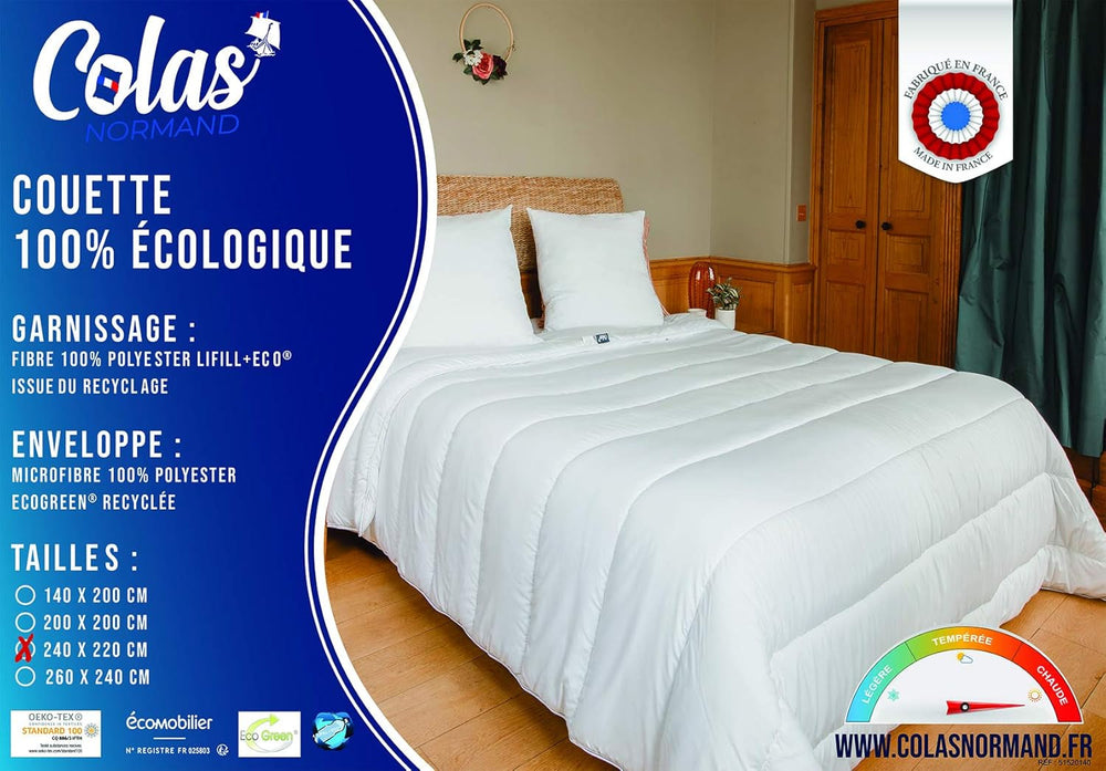 COLAS NORMAND - Ekologická přikrývka - teplá - 240 X 220 Cm - obálka a výplň z recyklovaných lahví - měkká, hedvábná a pohodlná - pečlivá výroba Přikrývky a přikrývky Naty Shop