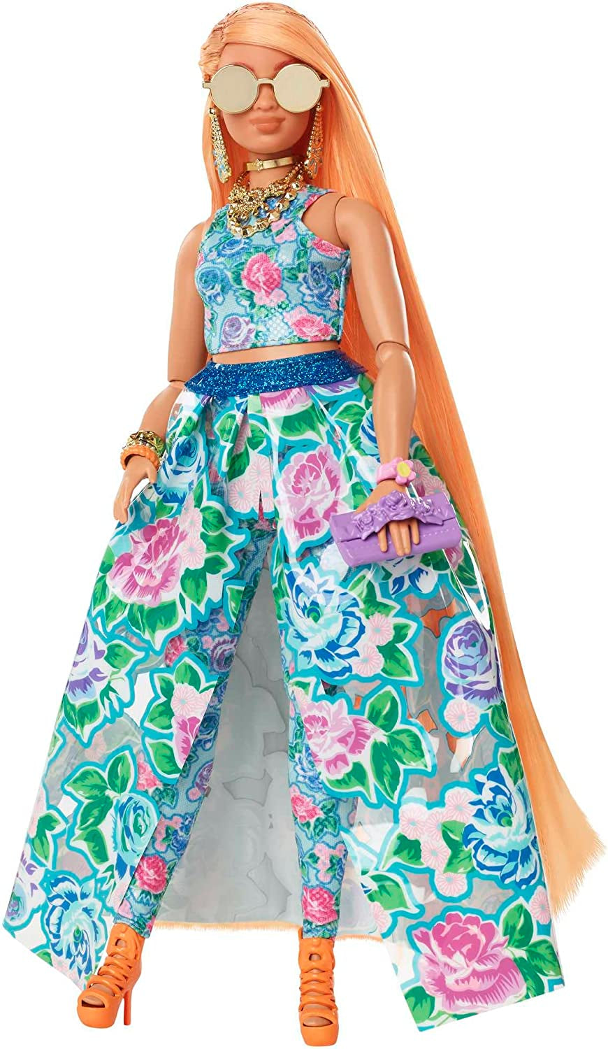 Barbie Extra Fancy, kurvige Langen erdbeerblonden Haaren, zweiteiliges Outfit, Blaue Katze, rosa Handtasche, Ananas-Sonnenbrille, inkl Puppe, als Geschenk geeignet,HHN14