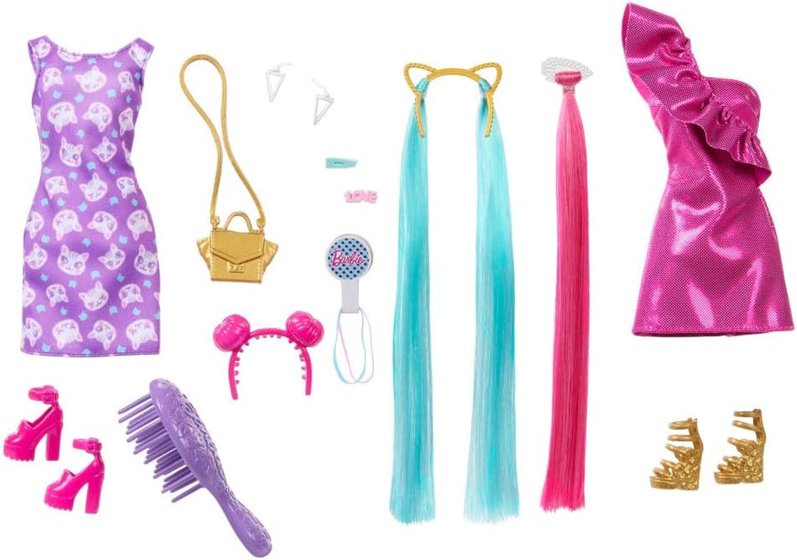 Barbie Totally Hair - Păpușă cu păr curcubeu extra lung, ușor de coafat și 10 accesorii de modă și styling, rochie cu buline și blocuri de culoare, pentru copii cu vârsta de 3 ani și peste, HKT96