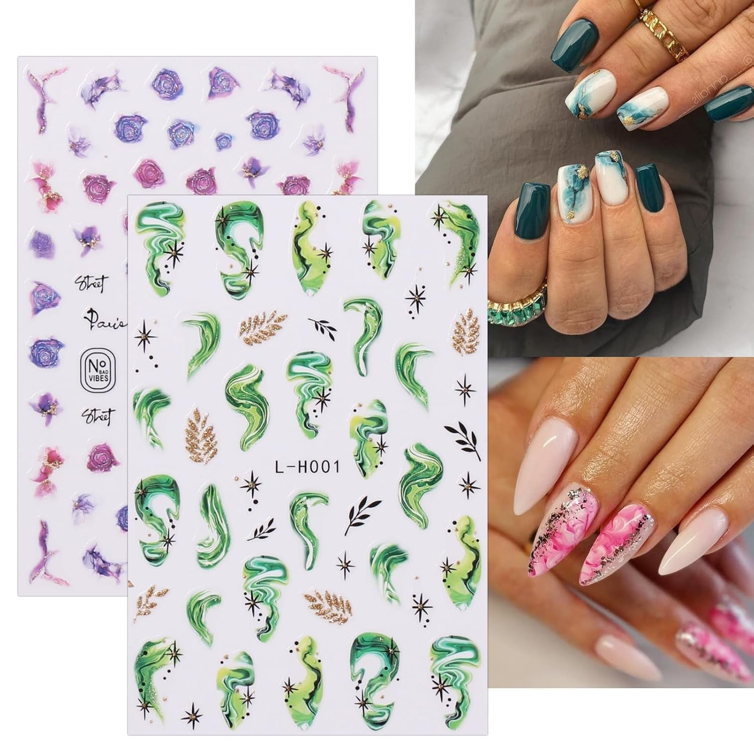 Jmeowio JMEOWIO Nagelsticker Marmor Französische Spitze 10 Blatt Nail Art Sticker Selbstklebend Nagelaufkleber Bunt Dekoration Nageldesign Zubehör