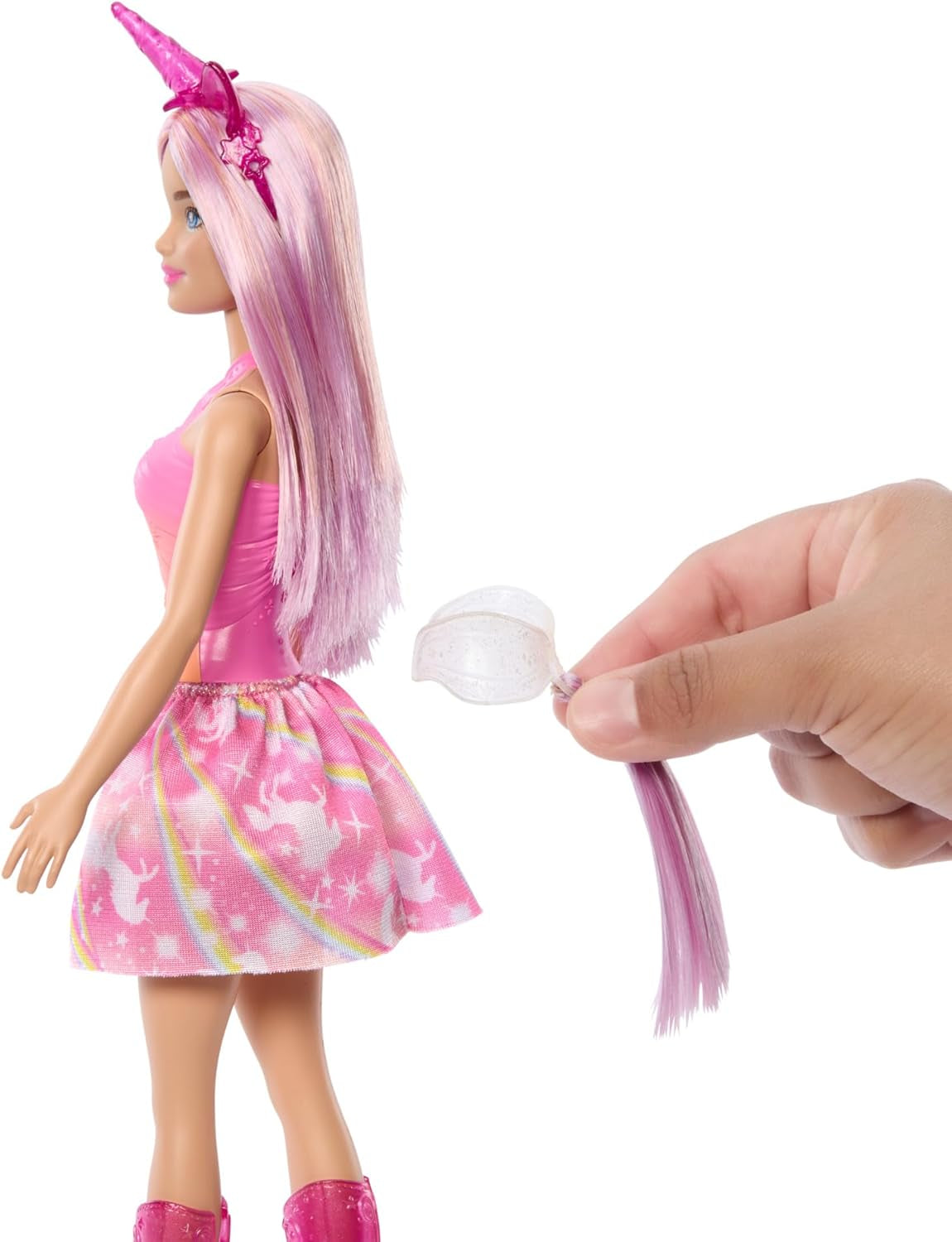 Păpuși Barbie Unicorn cu păr fantezie colorat, ținute cu gradient de culoare și accesorii fantezie în jurul temei unicorn, HRR13 Papusi Naty Shop