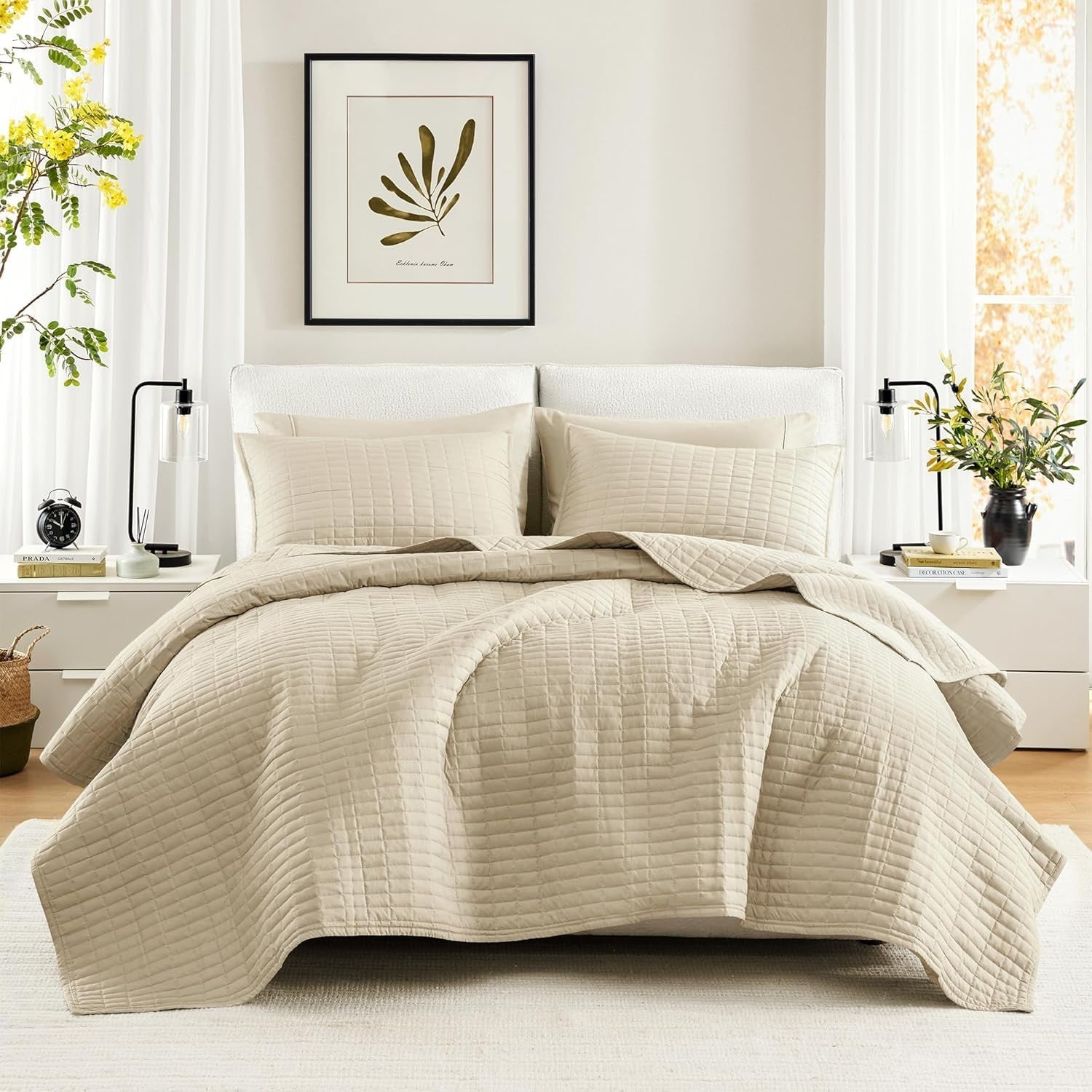 Comfort Spaces Kienna Quilt Set, cusături duble de lux, pătură de vară, ușoară, moale, lenjerie de pat pe tot parcursul anului, față de pernă asortată, albă, pătură pentru paturi King Size (264.2 X 228.6 Cm), Plapumi si pilote Naty Shop Culoare fildeș King/Cal King(104"X90")